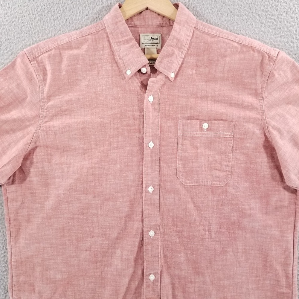 LL Bean Shirt Mens Large Comfort Stretch Chambray Traditional Fit Short Sleeve